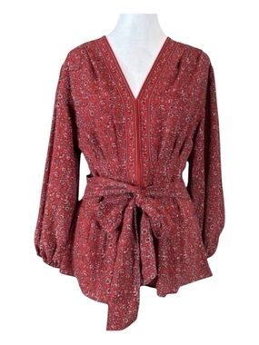 MAX STUDIO Front Tie Waist Blouse, Rust, Black & White, Size M.